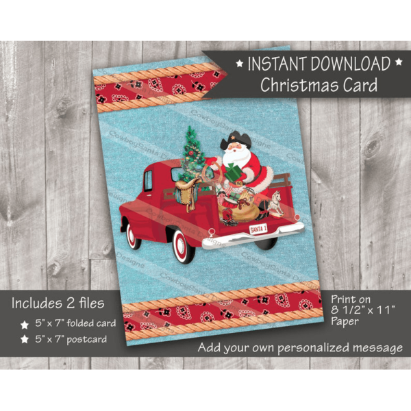 Cowboy Santa in back of truck Christmas card