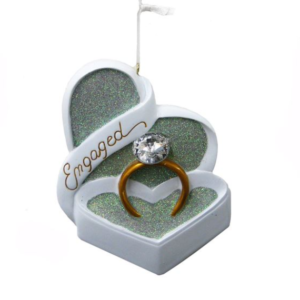 engaged ornament with ring in heart-shaped box