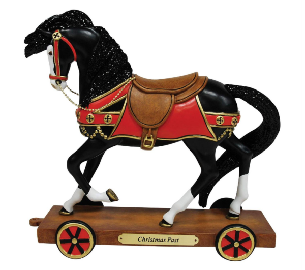 black pull toy horse figurine with red saddle blanket and bridle